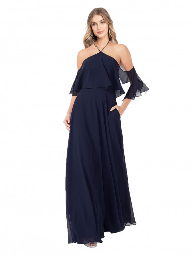 Site de Comprimento Chão Ombro Frio, Mangas Esvoaçantes Chiffon Marinha Negra Linha A Vestidos de Madrinha