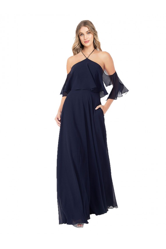 Site de Comprimento Chão Ombro Frio, Mangas Esvoaçantes Chiffon Marinha Negra Linha A Vestidos de Madrinha