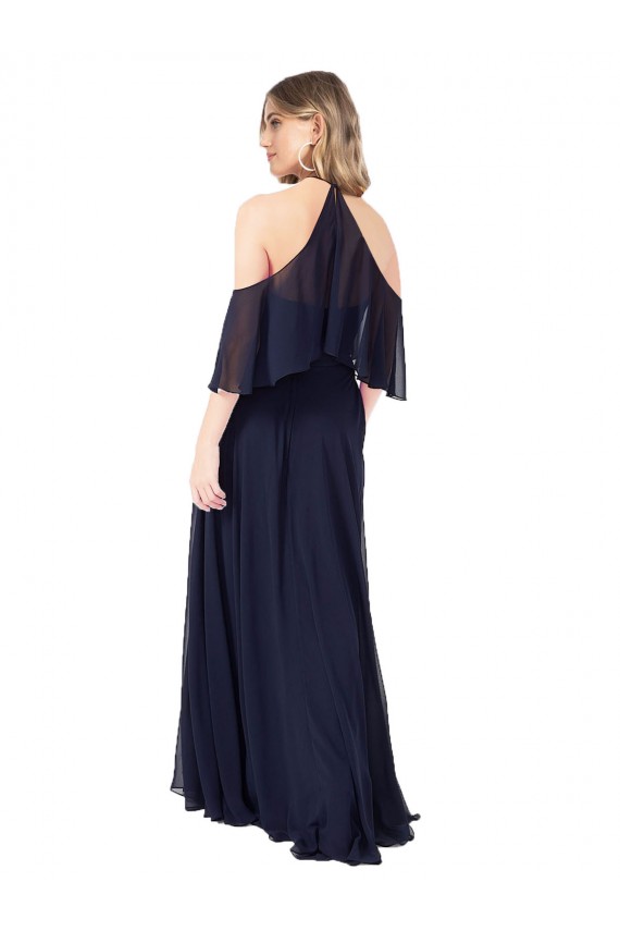 Site de Comprimento Chão Ombro Frio, Mangas Esvoaçantes Chiffon Marinha Negra Linha A Vestidos de Madrinha