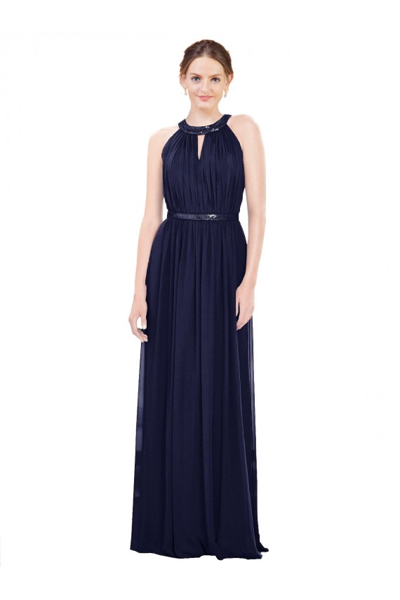 Site de Comprimento Chão Sem Mangas Chiffon Marinha Negra Linha A Sem Mangas Vestido de Baile Formais