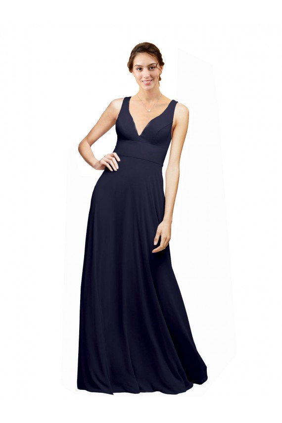 Site de Comprimento Chão Sem Mangas Chiffon Marinha Negra Linha A Vestido de Madrinha