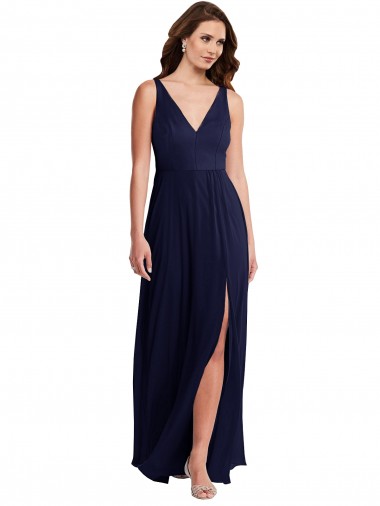 Site de Comprimento Chão Sem Mangas Chiffon Marinha Negra Linha A Sem Mangas Vestido Formais / Vestido de Madrinha