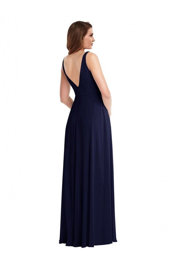 Site de Comprimento Chão Sem Mangas Chiffon Marinha Negra Linha A Sem Mangas Vestido Formais / Vestido de Madrinha