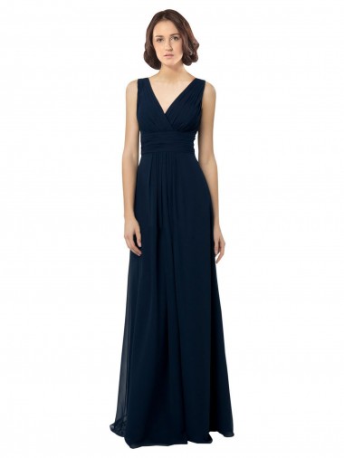 Site de Comprimento Chão Sem Mangas Chiffon Marinha Negra Linha A Vestido de Madrinha / Vestido Formais