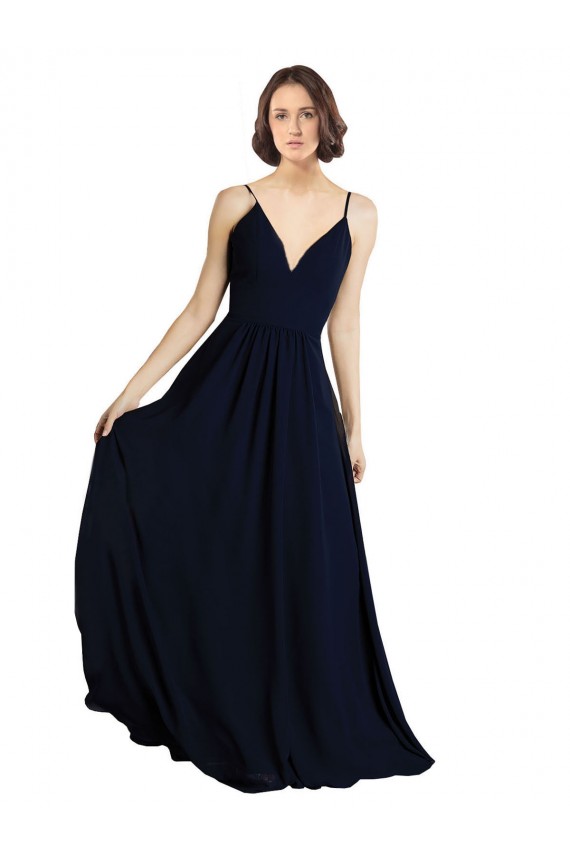 Site de Comprimento Chão Sem Mangas Chiffon Marinha Negra Linha A Vestido de Madrinha Formais / Vestido de Baile