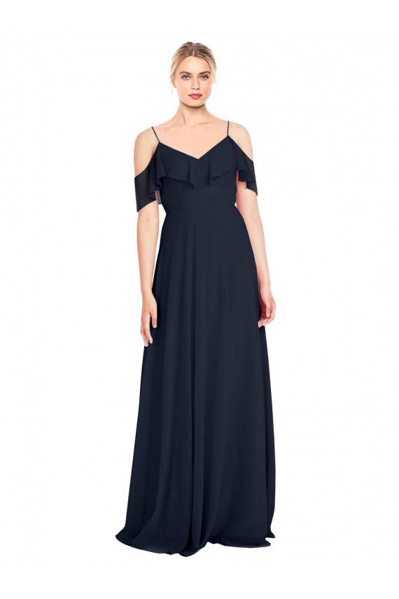 Site de Comprimento Chão Sem Mangas Chiffon Marinha Negra Linha A Sem Mangas Vestido de Madrinha / Vestido de Noite