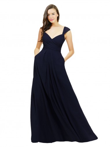 Site de Comprimento Chão Sem Mangas Chiffon Marinha Negra Linha A Sem Mangas Vestido de Madrinha Formais