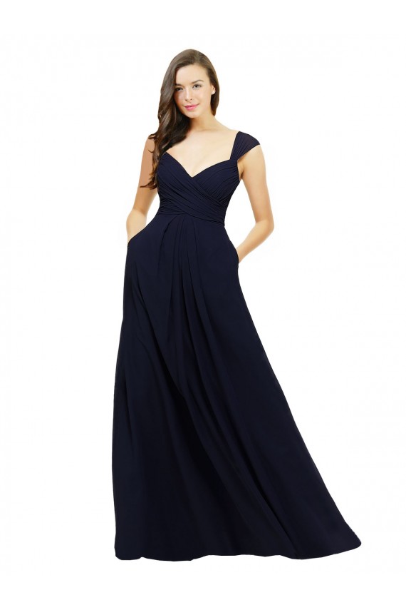 Site de Comprimento Chão Sem Mangas Chiffon Marinha Negra Linha A Sem Mangas Vestido de Madrinha Formais