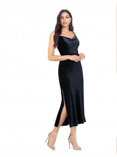 Site de Comprimento Midi Sem Mangas Veludo Elástico Marinha Negra Coluna Vestidos de Madrinha / Vestidos de Noite / Vestidos de Festa