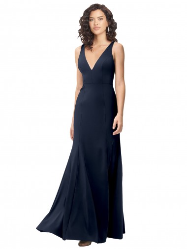 Site de Comprimento Chão Sem Mangas Crepe Esticado Marinha Negra Linha A Sem Mangas Decote Alto Vestidos de Madrinha / Vestidos de Noite / Vestidos de Festa