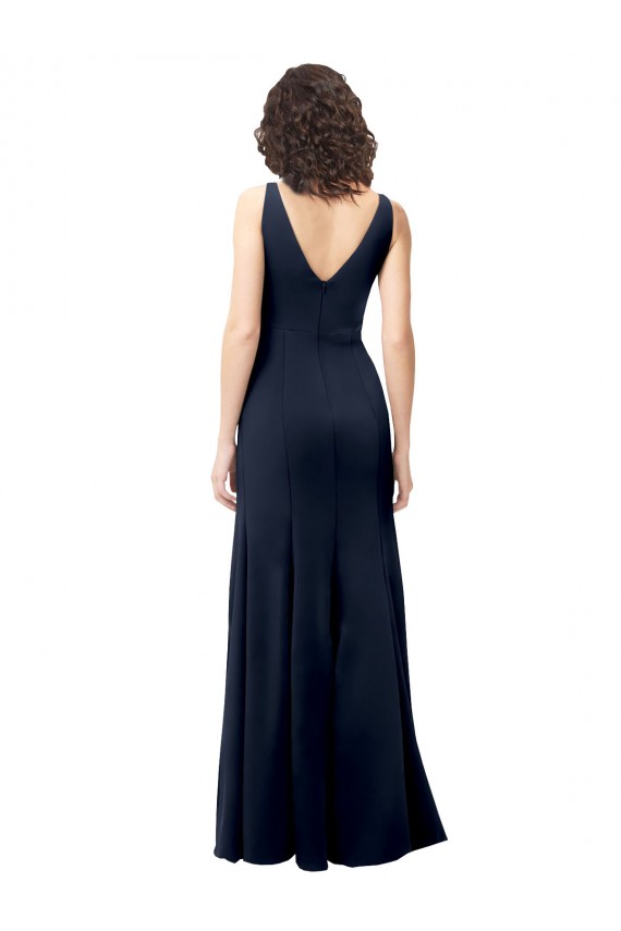 Site de Comprimento Chão Sem Mangas Crepe Esticado Marinha Negra Linha A Sem Mangas Decote Alto Vestidos de Madrinha / Vestidos de Noite / Vestidos de Festa