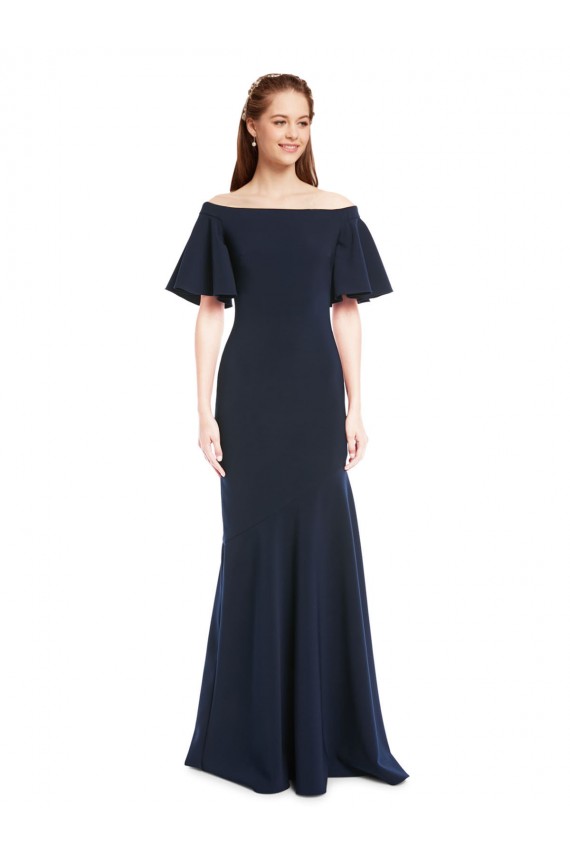 Site de Comprimento Chão Mangas Curtas Crepe Esticado Marinha Negra Sereia Vestidos de Madrinha / Vestidos de Noite