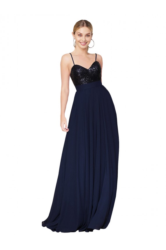 Site de Comprimento Chão Sem Mangas Chiffon & Lantejoulas Marinha Negra Linha A Sem Mangas Vestidos de Madrinha / Vestidos de Festa