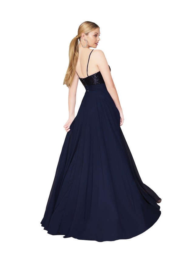 Site de Comprimento Chão Sem Mangas Chiffon & Lantejoulas Marinha Negra Linha A Sem Mangas Vestidos de Madrinha / Vestidos de Festa