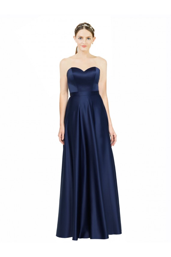 Site de Comprimento Chão Sem Mangas Cetim Elástico Marinha Negra Linha A Vestidos de Madrinha / Vestidos de Noite