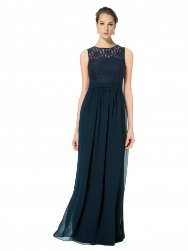 Site de Comprimento Chão Sem Mangas Chiffon & Renda Marinha Negra Linha A Vestidos de Madrinha