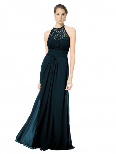 Site de Comprimento Chão Sem Mangas Chiffon & Renda Marinha Negra Linha A Sem Mangas Cabeçada Vestidos de Madrinha