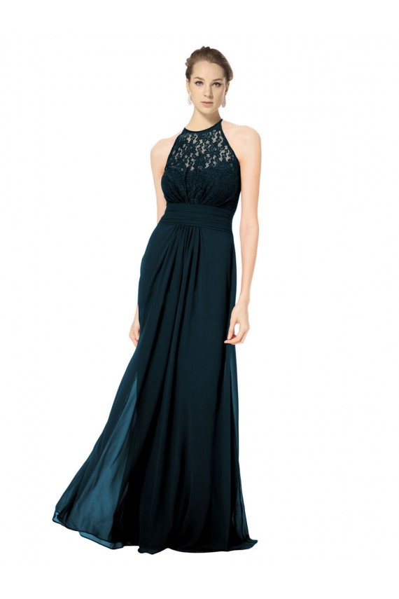 Site de Comprimento Chão Sem Mangas Chiffon & Renda Marinha Negra Linha A Sem Mangas Cabeçada Vestidos de Madrinha