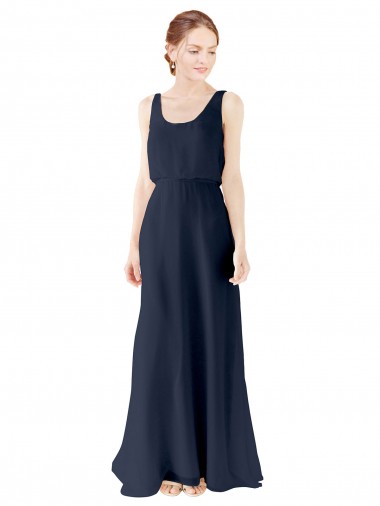 Site de Comprimento Chão Sem Mangas Chiffon Marinha Negra Linha A Sem Mangas Longo Colher Vestidos de Madrinha