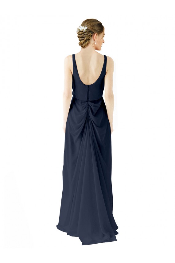 Site de Comprimento Chão Sem Mangas Chiffon Marinha Negra Linha A Sem Mangas Longo Colher Vestidos de Madrinha