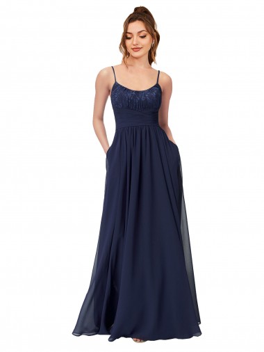 Site de Comprimento Chão Sem Mangas Chiffon & Renda Marinha Negra Linha A Sem Mangas Colher Vestidos de Madrinha