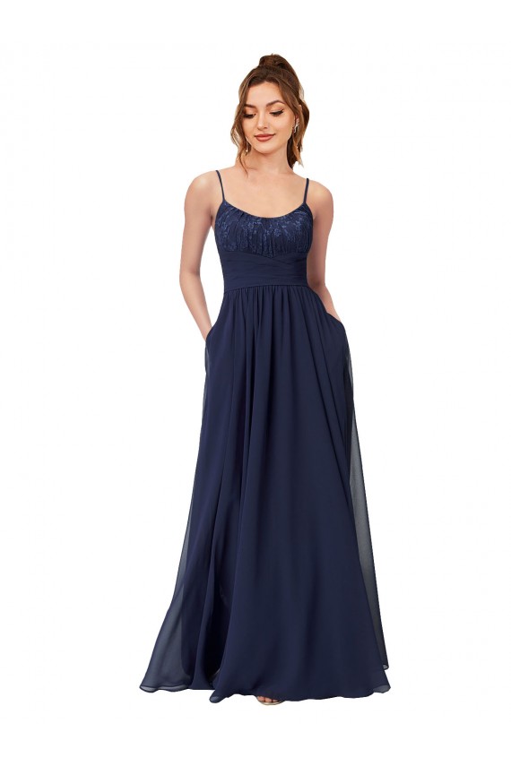 Site de Comprimento Chão Sem Mangas Chiffon & Renda Marinha Negra Linha A Sem Mangas Colher Vestidos de Madrinha