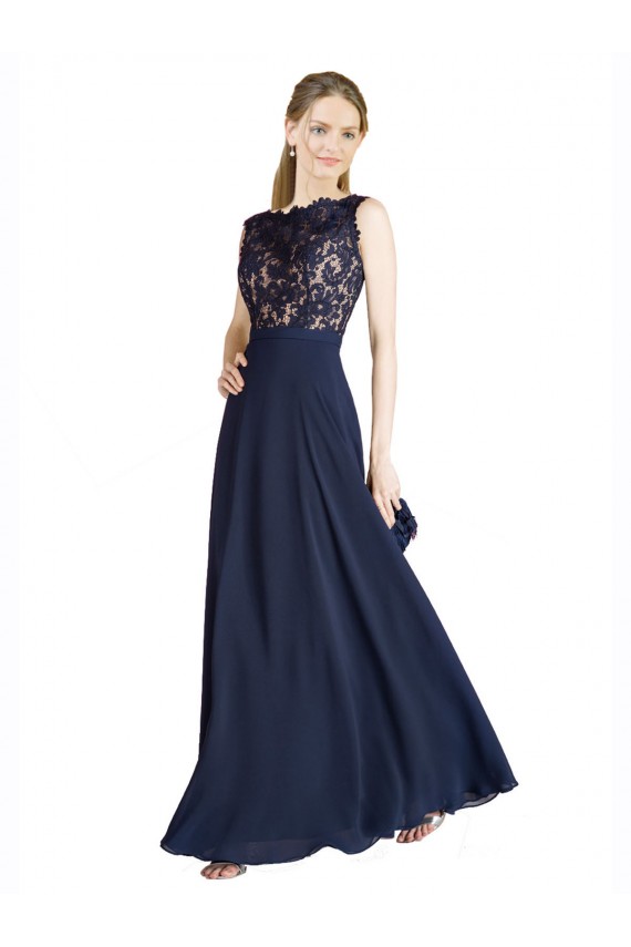 Site de Comprimento Chão Sem Mangas Chiffon & Renda Marinha Negra Linha A Vestidos de Madrinha / Vestidos de Festa