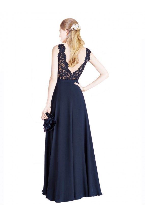 Site de Comprimento Chão Sem Mangas Chiffon & Renda Marinha Negra Linha A Vestidos de Madrinha / Vestidos de Festa