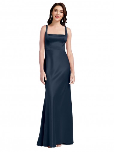 Site de Comprimento Chão Sem Mangas Cetim Elástico Marinha Negra Linha A Sem Mangas Decote Quadrado Vestidos de Madrinha / Vestidos de Noite / Vestidos de Festa