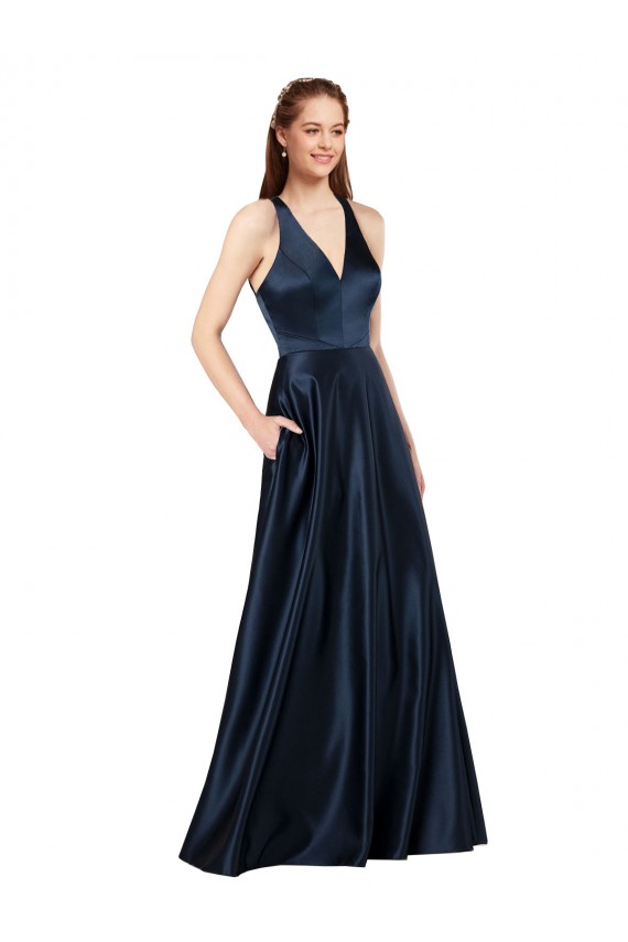Site de Comprimento Chão Sem Mangas Cetim Marinha Negra Linha A Vestidos de Madrinha / Vestidos de Noite / Vestidos de Festa