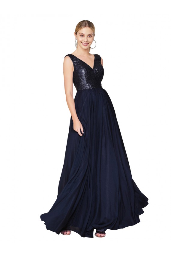 Site de Comprimento Chão Sem Mangas Chiffon & Lantejoulas Marinha Negra Linha A Vestidos de Madrinha / Vestidos de Festa
