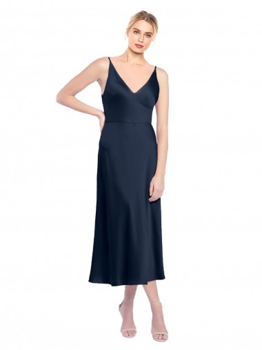 Site de Comprimento Midi Sem Mangas Cetim Elástico Marinha Negra Linha A Vestidos de Madrinha / Vestidos de Noite / Vestidos de Festa