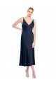 Site de Comprimento Midi Sem Mangas Cetim Elástico Marinha Negra Linha A Vestidos de Madrinha / Vestidos de Noite / Vestidos de Festa