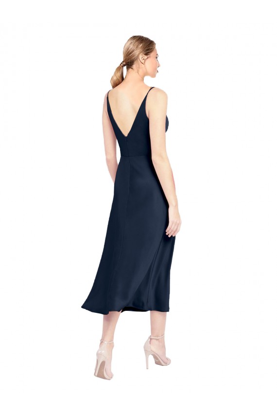 Site de Comprimento Midi Sem Mangas Cetim Elástico Marinha Negra Linha A Vestidos de Madrinha / Vestidos de Noite / Vestidos de Festa