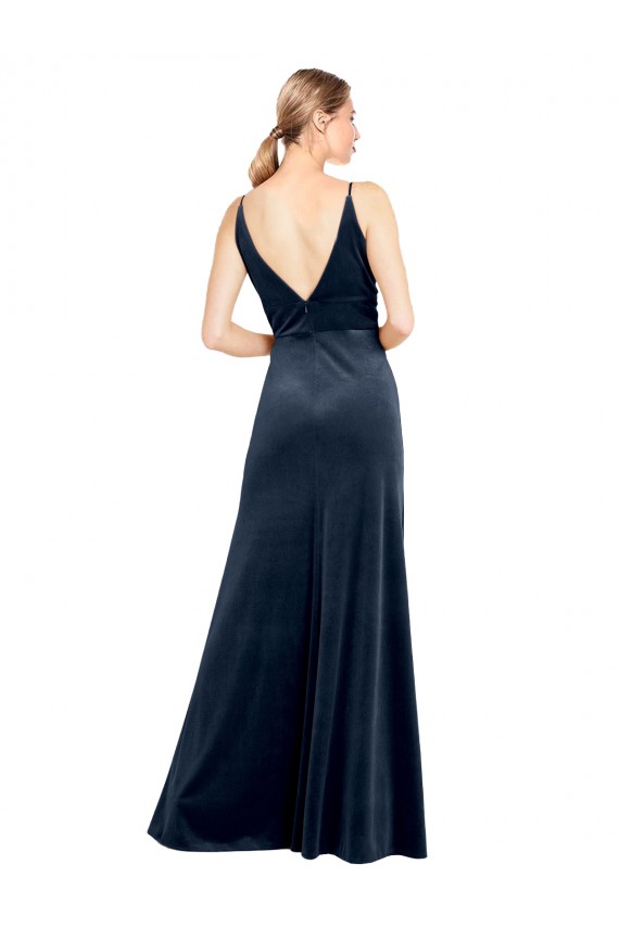 Site de Comprimento Chão Sem Mangas Veludo Elástico Marinha Negra Linha A Vestidos de Madrinha / Vestidos de Festa