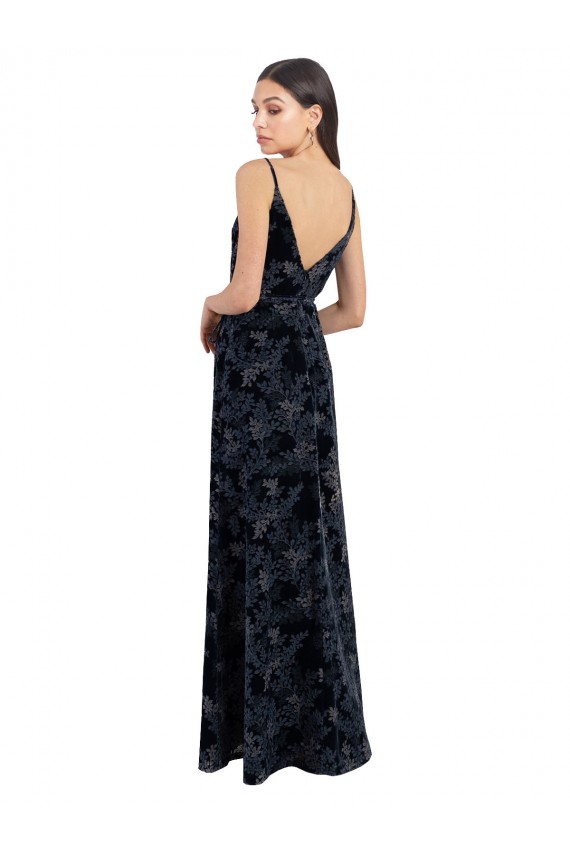Site de Comprimento Chão Sem Mangas Veludo Floral & Veludo Elástico Marinha Negra Linha A Vestidos de Madrinha