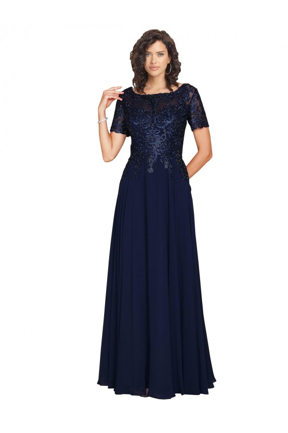 Site de Comprimento Chão Mangas Curtas Chiffon Marinha Negra Linha A Vestidos de Madrinha / Vestidos de Festa