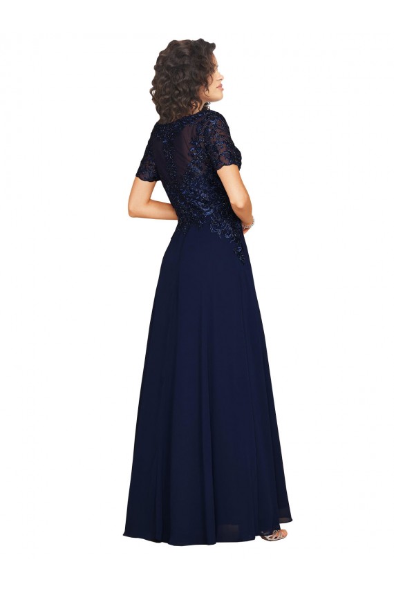 Site de Comprimento Chão Mangas Curtas Chiffon Marinha Negra Linha A Vestidos de Madrinha / Vestidos de Festa