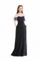 Site de Comprimento Chão Mangas Curtas Chiffon & Renda Marinha Negra Linha A Vestidos de Madrinha