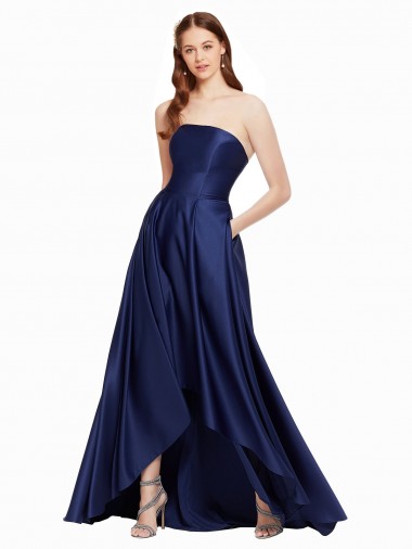 Site de Alto Baixo Sem Mangas Cetim Marinha Negra Linha A Vestidos de Madrinha / Vestidos de Noite / Vestidos de Festa