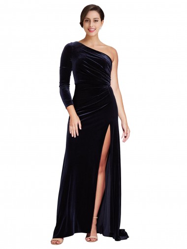 Site de Comboio Varredela Mangas Compridas Veludo Elástico Marinha Negra Linha A Vestidos de Madrinha / Vestidos de Noite / Vestidos de Festa