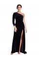 Site de Comboio Varredela Mangas Compridas Veludo Elástico Marinha Negra Linha A Vestidos de Madrinha / Vestidos de Noite / Vestidos de Festa