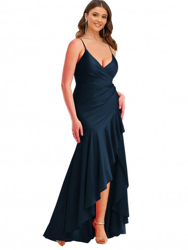 Site de Alto Baixo Sem Mangas Cetim Sedoso Marinha Negra Sereia Vestidos de Madrinha / Vestidos de Noite / Vestidos de Festa