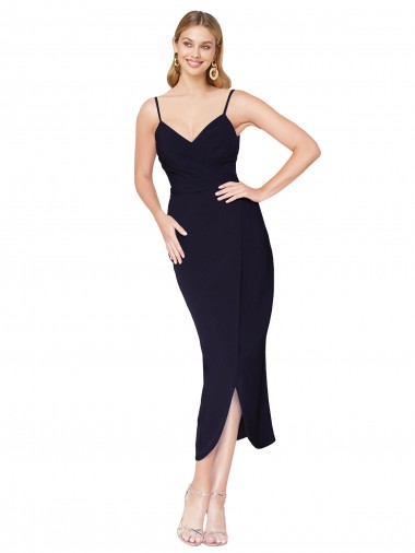 Site de Alto Baixo Sem Mangas Crepe Esticado Marinha Negra Sereia Vestidos de Madrinha / Vestidos de Noite / Vestidos de Festa