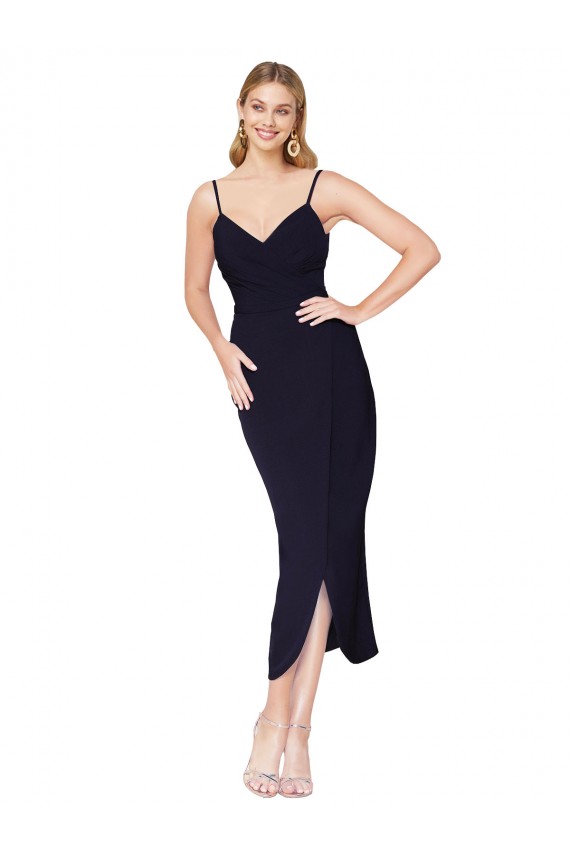 Site de Alto Baixo Sem Mangas Crepe Esticado Marinha Negra Sereia Vestidos de Madrinha / Vestidos de Noite / Vestidos de Festa