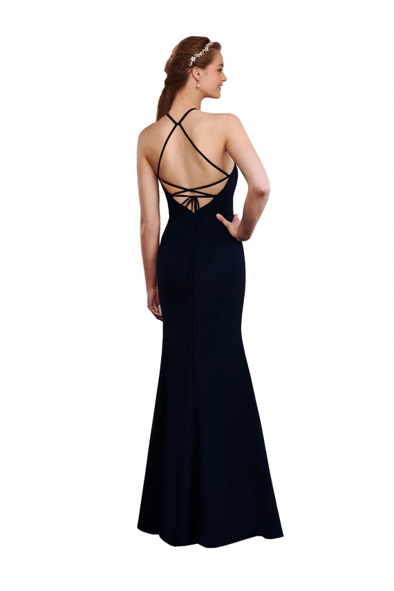 Site de Comprimento Chão Sem Mangas Chiffon Marinha Negra Sereia Vestidos de Madrinha