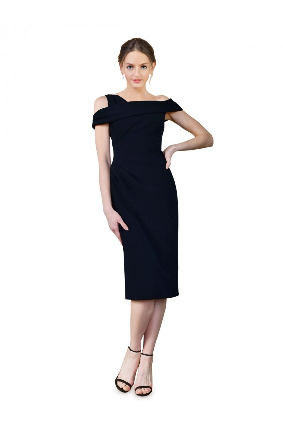 Site de Comprimento Chá Sem Mangas Crepe Esticado Marinha Negra Sereia Vestidos de Madrinha / Vestidos de Noite / Vestidos de Festa