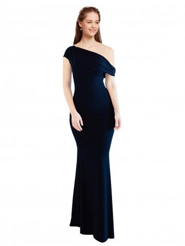 Site de Comprimento Chão Sem Mangas Crepe Esticado Marinha Negra Sereia Sem Mangas Um Ombro Vestidos de Madrinha / Vestidos de Noite / Vestidos de Festa