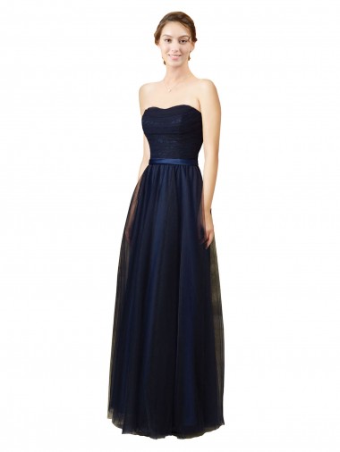 Site de Comprimento Chão Sem Mangas Tule Marinha Negra Linha A Vestido de Madrinha / Vestido de Baile