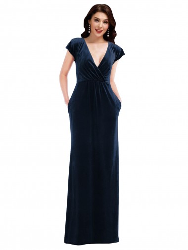 Site de Comprimento Chão Mangas Esvoaçantes Veludo Elástico Marinha Negra Linha A Vestidos de Madrinha / Vestidos de Noite / Vestidos de Festa